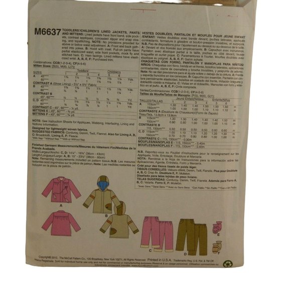 McCall's M6637 Child's Lined Jackets Pants Mittens Pttrn Size CF 4 - 5 - 6 UNCUT - Picture 6 of 6